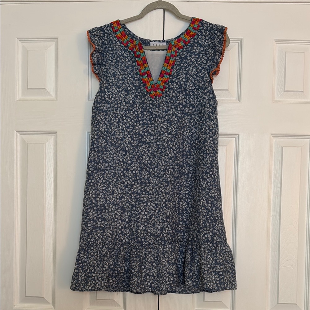 THML Blue and White Sleeveless Sundress with Flutter Sleeves